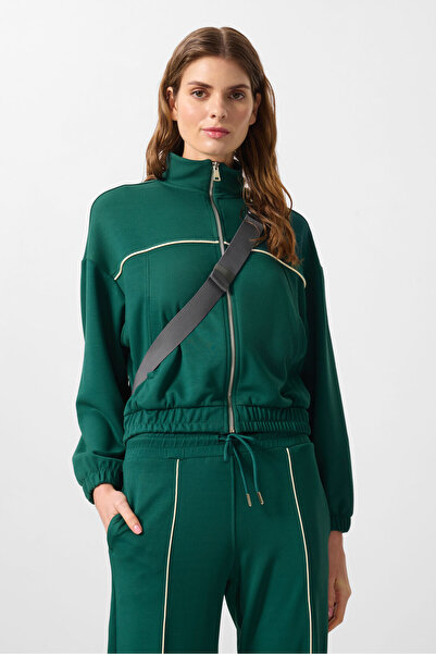 TOMMY LIFE Πράσινη μαλακή υφή γιακάς υπερμεγέθη ελαστική γυναικεία αθλητική φόρμα - 95349