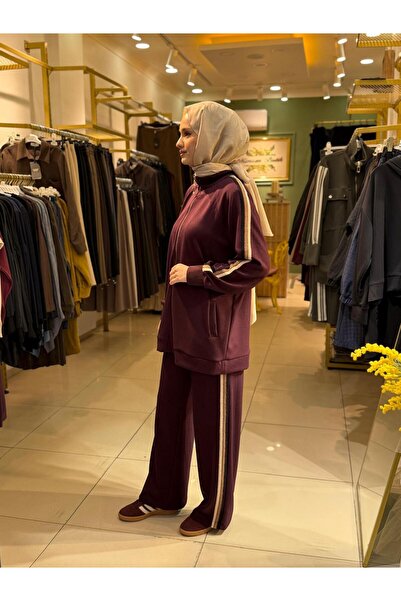 Nuss 1039 Yanı Şerit Detaylı Pantolonlu Takım Bordo