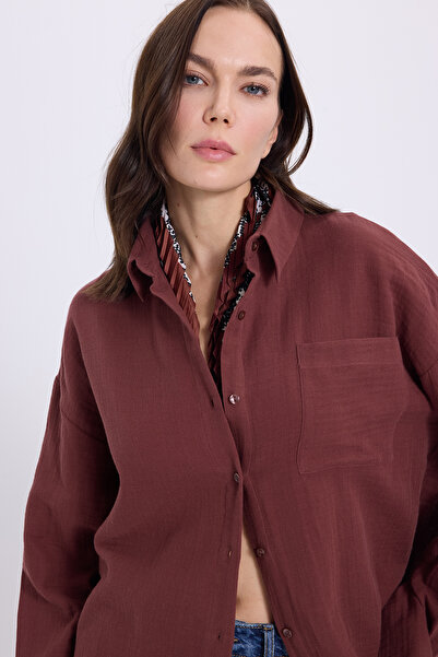 Tudors Γυναικείο πουκάμισο με μακρυμάνικο κορδόνι, 100% βαμβακερό ύφασμα μουσελίνας, με υφή καφέ χρώματος