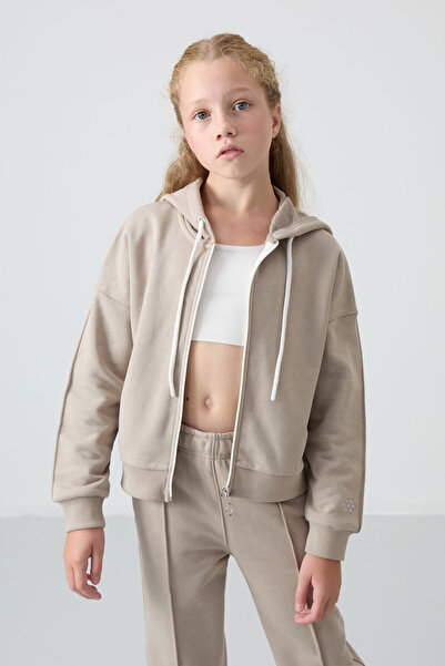 TOMMY LIFE Lányok hímzett tréningruha szett - sötét bézs, pamut, szőrös belső, puha textúra - 75161