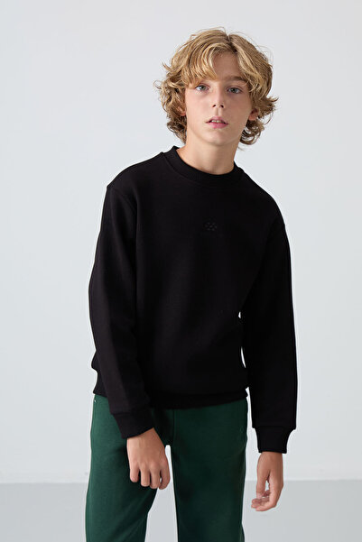 TOMMY LIFE Boy's Embroidered Black Cotton Sweatshirt - Thick Feather Inside, Soft Texture - 11232
