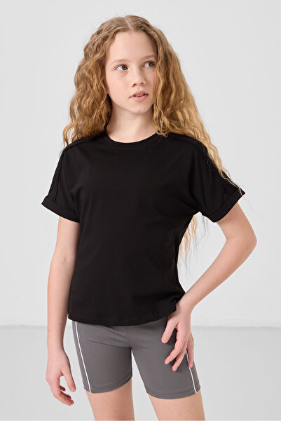 TOMMY LIFE Siyah Pamuklu O Yaka Oversize Fit Basic Kız Çocuk T-Shirt - 75182