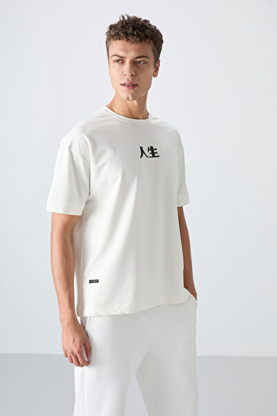 TOMMY LIFE Ecru Cotton Thick Soft Textured Oversize Fit Printed Men's T-Shirt - 88342