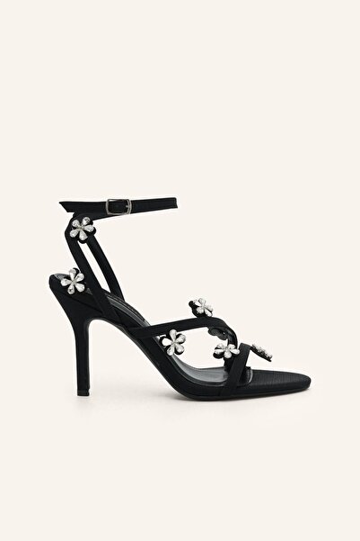 MARCATELLI Siyah Saten Bloom Mini Topuklu Sandalet