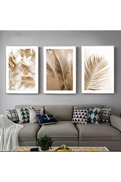 KOLAJTASARIM Natürel Tonlarda Yaprak Dansı Üçlü Metal Çerçeveli Tablo Seti