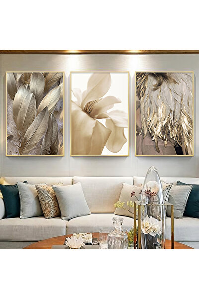 KOLAJTASARIM Altın Tüylerin Hafifliği 3'lü Metal Çerçeveli Tablo Seti