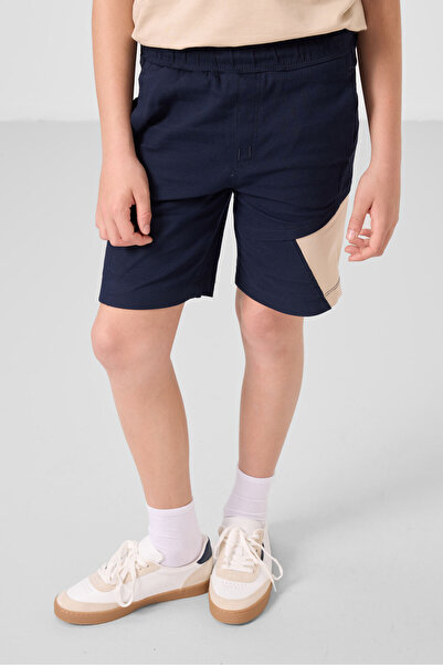 TOMMY LIFE Μπεζ-Μπλε βαμβακερό Oversize Fit Υφαντό ελαφρύ εύκαμπτο σορτς Chino Boy - 11275