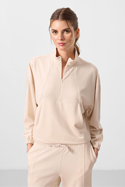 TOMMY LIFE Σετ γυναικεία αθλητική φόρμα μπεζ Soft Stand Collar Oversize 95351