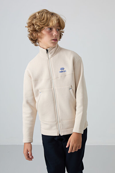 TOMMY LIFE Hanorac brodat pentru băieți - bej, bumbac, groasă în interior, textura moale - 11245