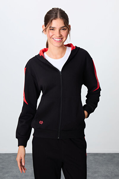 TOMMY LIFE Black Compact Cotton Thick Smooth Textured Hooded Oversize Fit Women's Tracksuit Set - 95343