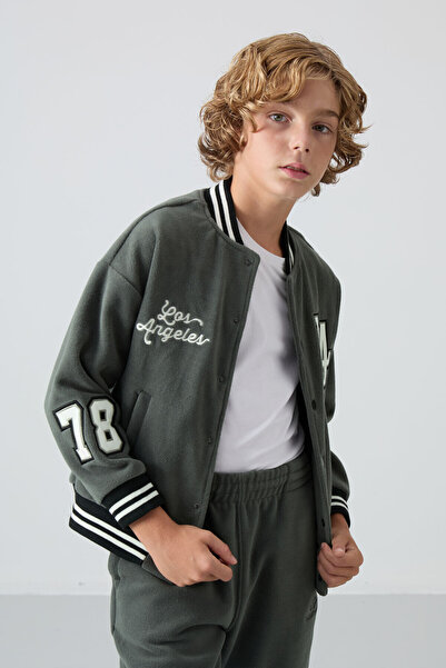 TOMMY LIFE Jachetă pentru colegiu pentru băieți - kaki groasă, moale, brodata, cu potrivire standard - 11227