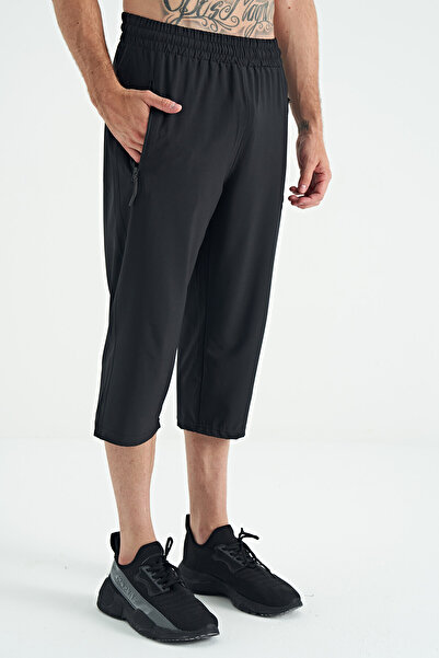 TOMMY LIFE Siyah Bağcıklı Standart Kalıp Fermuar Cepli Aktif Spor Erkek Kapri - 83096