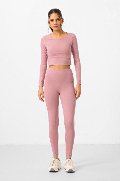 TOMMY LIFE Dusty Rose High Waist Long Sleeve Slim Fit Crop Top Women's Tights Set - 95286