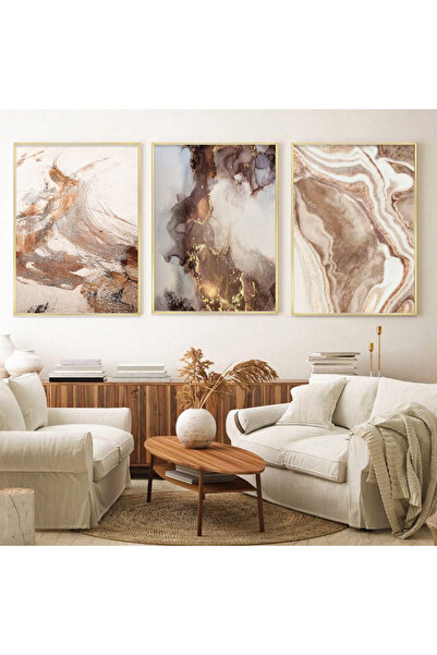 KOLAJTASARIM Organik Elegans: Sıcak Mermer Desenli Üçlü Metal Çerçeveli Tablo...