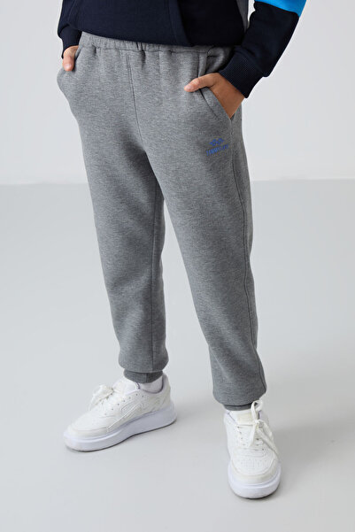 TOMMY LIFE Γκρι μελανζέ βαμβακερό χοντρό και χοντρό εσωτερικό κορδόνι Standard Fit Κεντημένο αγορίστικο κοστούμι αθλητικής φόρμας - 11255