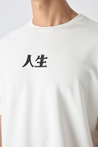 TOMMY LIFE Ecru Cotton Thick Soft Textured Oversize Fit Printed Men's T-Shirt - 88342