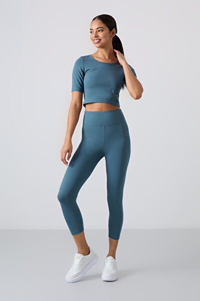 TOMMY LIFE Orman Yeşili Yüksek Bel Kapri-Crop T-Shirt Slim Fit Kadın Tayt Tak...