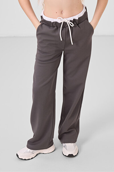 TOMMY LIFE Λευκό-σκούρο γκρι O λαιμόκοψη με εμπριμέ φαρδύ πόδι Standard Fit Girl's Palazzo Tracksuit Suit - 75171