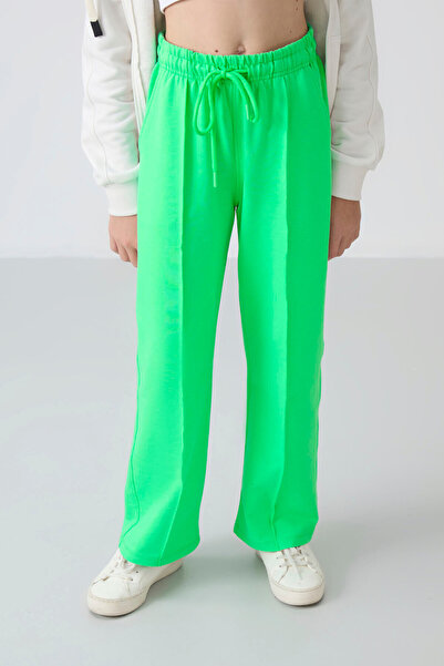 TOMMY LIFE Neon Green Wide Leg Girls' Sweatpants with Pocket Front Stitching Detail -75144
