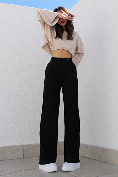 mor butik Dámské černé kalhoty Palazzo s vysokým pasem, široké nohavice, ležérní@Office elegance Myth010001