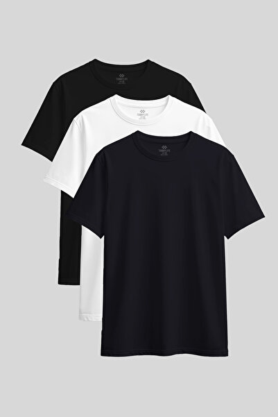 TOMMY LIFE Standard Fit Basic O Neck 3 Pack Black-White-Navy Blue Women's T-Shirt - 97311