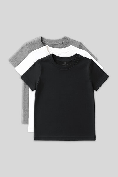 TOMMY LIFE Standart Fit Basic O Yaka 3lü Paket Gri Melanj-Antrasit-Beyaz Unis...