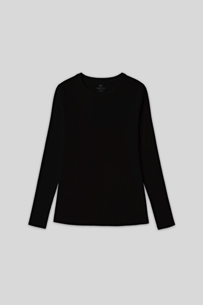 TOMMY LIFE Black O Neck Standard Fit Long Sleeve Basic Women's T-Shirt - 97312