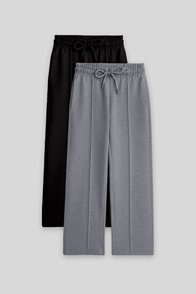 TOMMY LIFE Pantaloni de trening pentru fete, standard, pachet de 2, negru-melange de zăpadă -75144