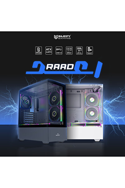 majesty صندوق كمبيوتر ميد تاور رعد - 6 مراوح ARGB ، جهاز تحكم عن بُعد، دعم ATX، منفذا USB، لون أبيض
