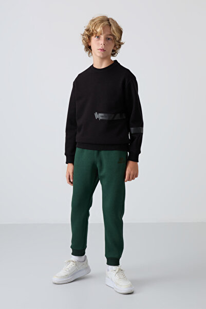 TOMMY LIFE Πράσινο πεύκο βαμβακερό χοντρό γούνινο εσωτερικό μέρος Standard Fit Κεντημένο αγορίστικο φούτερ - 11224