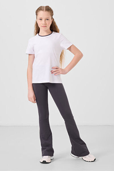 TOMMY LIFE Beyaz-Antrasit Pamuklu O Yaka Standart Fit Basic İspanyol Paça Kız Çocuk Tayt Takım - 75192