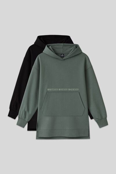 TOMMY LIFE Oversize Kapüşonlu 2li Paket Siyah-Çağla Kadın Tunik Sweatshirt - ...