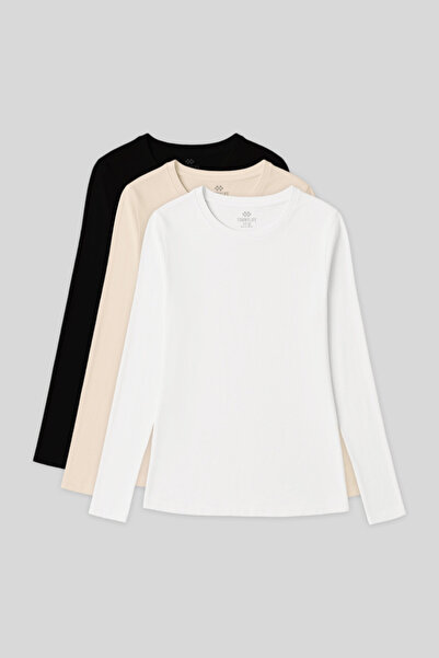 TOMMY LIFE Γυναικείο μπλουζάκι Standard Fit Basic O Neck 3 Pack Μαύρο-Λευκό-Μ...