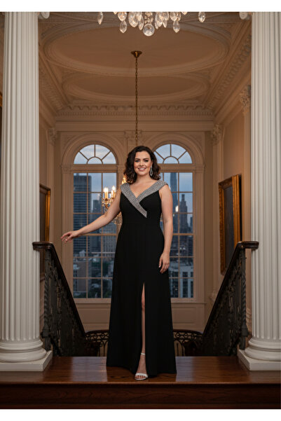 LİLAS XXL Büyük Beden Siyah Renkli Şifon Kayık Yaka Uzun Abiye Elbise