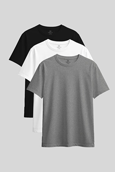 TOMMY LIFE Standard Fit Basic O Neck 3 Pack Black-White-Grey Melange Women's T-Shirt - 97311