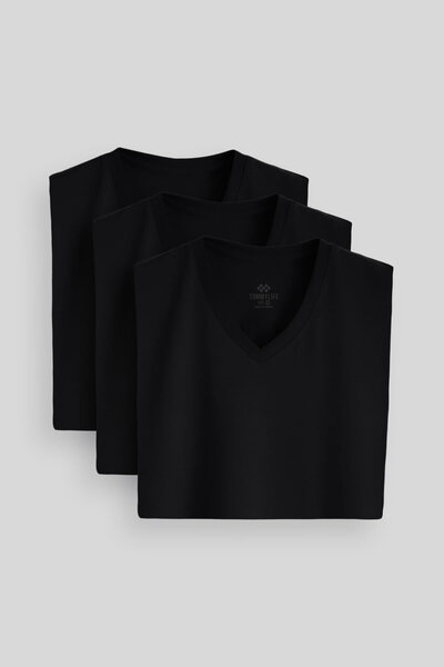 TOMMY LIFE Ανδρικό μπλουζάκι Standard Fit Basic V-Neck 3 Pack Μαύρο 87912