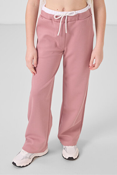 TOMMY LIFE Λευκό-τριαντάφυλλο με στάμπα με φαρδύ πόδι Standard Fit Girl's Palazzo Tracksuit Suit - 75171