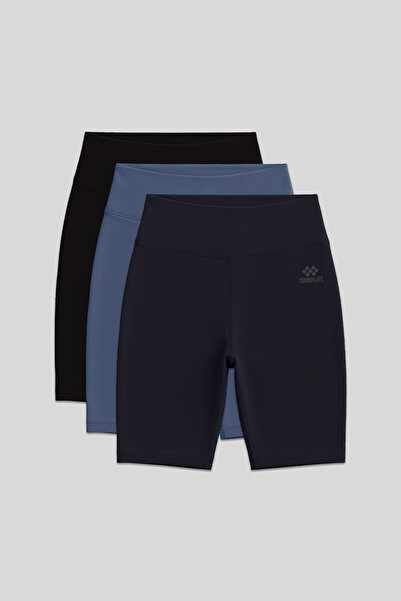 TOMMY LIFE Slim Fit 3 Pack Black-Anthracite-Petrol Women's Short Biker Leggings - 91007