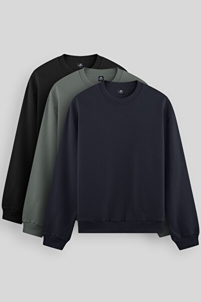 TOMMY LIFE Ανδρικό φούτερ Standard Fit Basic O Neck 3 Pack Black-Navy Blue-Cagla 88053