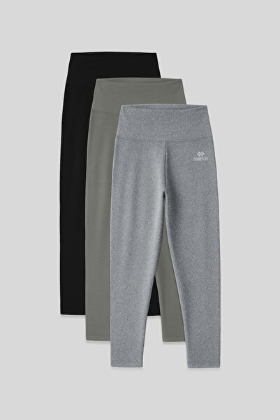 TOMMY LIFE Slim Fit 3 Pack Black-Gray Melange Women's Capri Leggings - 93097