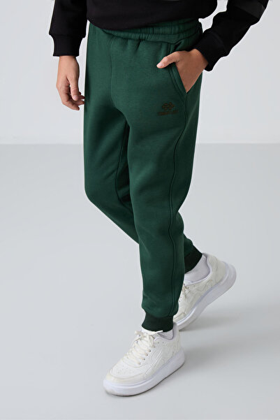 TOMMY LIFE Πράσινο πεύκο βαμβακερό χοντρό γούνινο εσωτερικό μέρος Standard Fit Κεντημένο αγορίστικο φούτερ - 11224