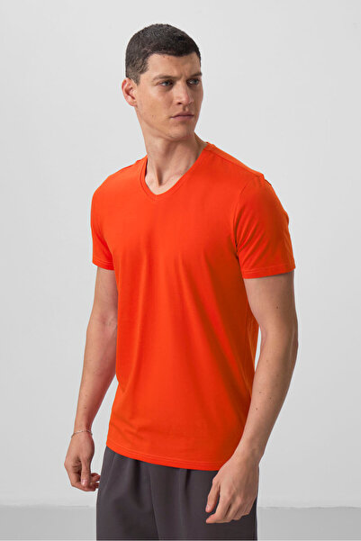 TOMMY LIFE Orange Basic Short Sleeve Standard Fit V-Neck Men's T-Shirt - 87912