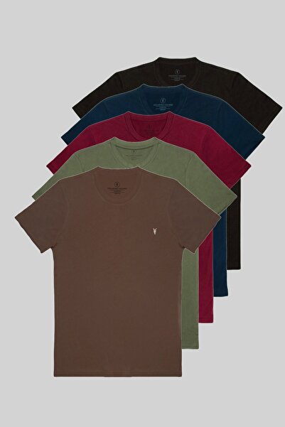 COMBİNE MİCHAİL Ανδρικό μπλουζάκι 5 τεμαχίων Crew Neck 100% βαμβακερό μαύρο-σκούρο μπλε-μπορντό-χακί-καφέ