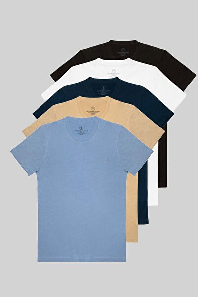 COMBİNE MİCHAİL Men's 5-Pack Crew Neck 100% Cotton T-Shirt Black-White-Navy Blue-Beige-Ice Blue