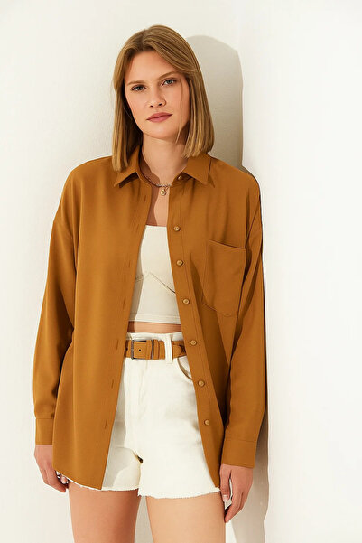 COMBİNE MİCHAİL Дамска ленена риза в карамелен цвят