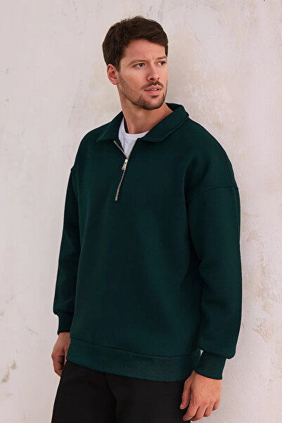 COMBİNE MİCHAİL Ανδρικό φούτερ Petrol Color - Μισό φερμουάρ, βαμβακερό και άνετο