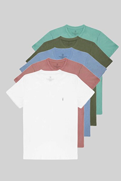 COMBİNE MİCHAİL Ανδρικό μπλουζάκι 5 συσκευασιών 100% βαμβακερό καλοκαιρινό αντιιδρωτικό ύφασμα cagla-χακί-μπλε-πούδρα-λευκό