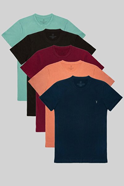 COMBİNE MİCHAİL Erkek %100 Pamuk 5-Li T-shirt Paketi Lacivert-Turuncu-Bordo-S...