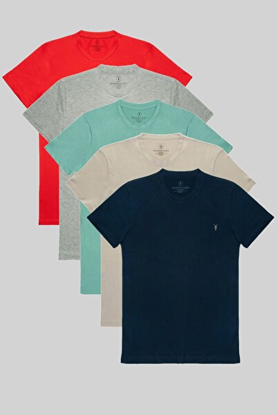 COMBİNE MİCHAİL Ανδρικό μπλουζάκι με κανονική εφαρμογή Crew Neck 5 Pack - Navy Blue, Γκρι, Cagla, Grimelange, Κόκκινο