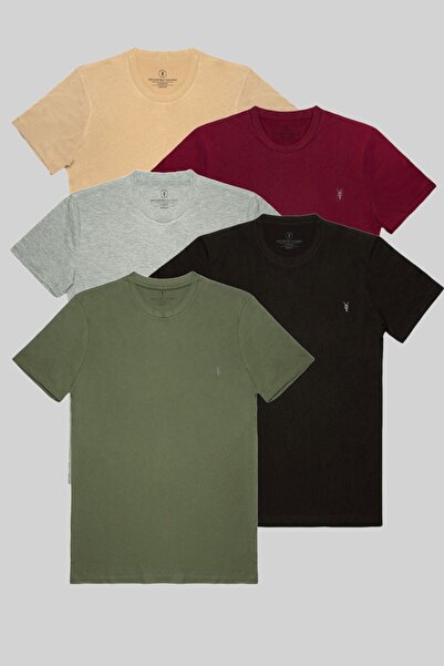 COMBİNE MİCHAİL Ανδρικό T-shirt Slim Fit Crew Neck - Σετ 5 μπεζ, Claret Red, Grimelange, Μαύρο, Χακί